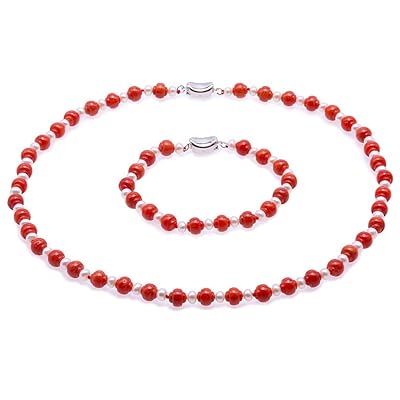 Delicate Red Coral and Pearl Necklace Bracelet Set Zambia Ubuy