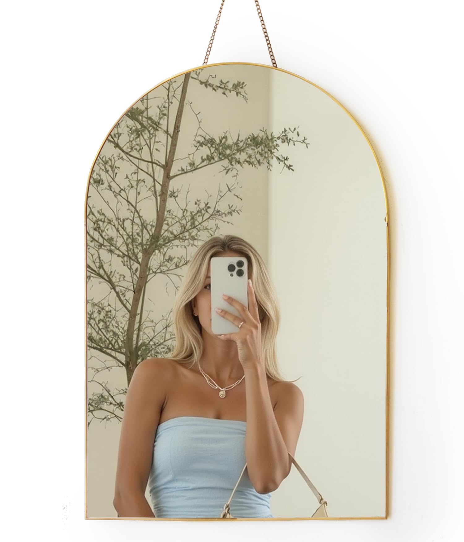 FONDAZZA Hanging Wall Mirror, Gold Brass Trim and Chain, 32 X 48 cm (12.6 x 19 inch), for Living Room, Bathroom, Bedroom, Entry Way, Hallway, Vanity and Offce, Arch Shape