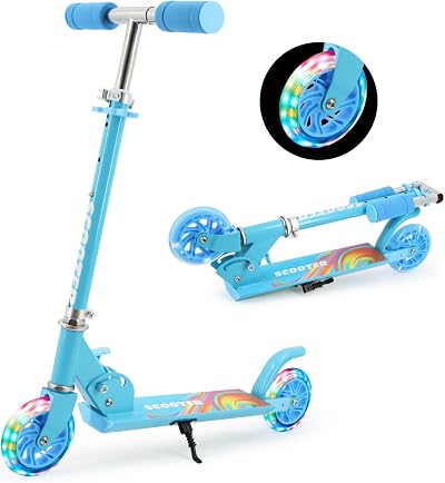 TENBOOM Kids Scooter LED Light Up Wheels 2 Wheel Adjustable T-Bar 4-13