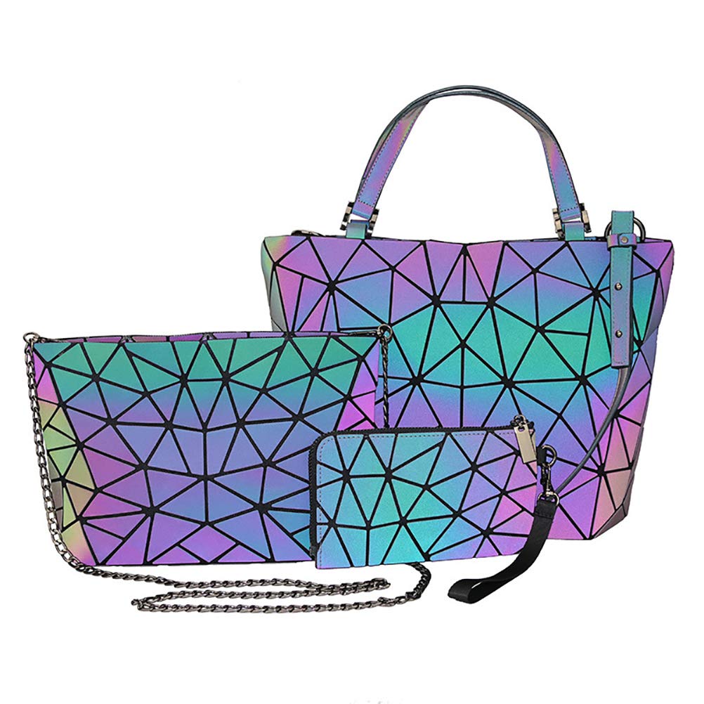 Yumira Women's Handbag Set, Geometric Grid Design, Geometric Bag, PU Leather, Luminous Shoulder Bags, Shoulder Bag, Purse, Holographic Reflective Handbags, Clutch Bag, 3pcs/set, Holographic,