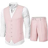 MY'S Men’s 2-Piece Linen Vest Pants, Lightweight Waistcoat Shorts, Casual Beach Summer Wedding Prom Homecoming Outfit