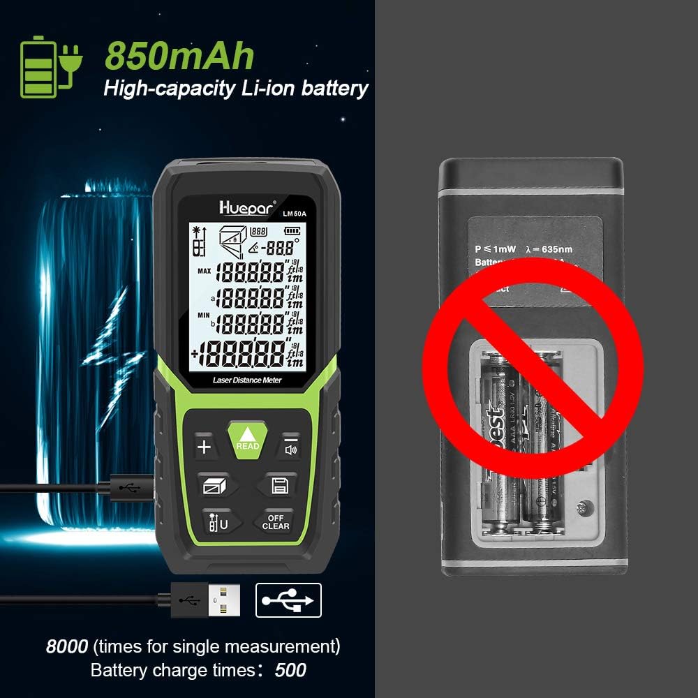 Laser Measure 50M, Huepar Laser Distance Meter 164ft, Portable Handle Digital Measure Tool Range Finder - Image 3