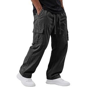 Mens Pants Casual Elastic Waist Drawstring Cotton Linen Cargo Beach Pant Straight Leg Summer Yoga Trouser with Pockets