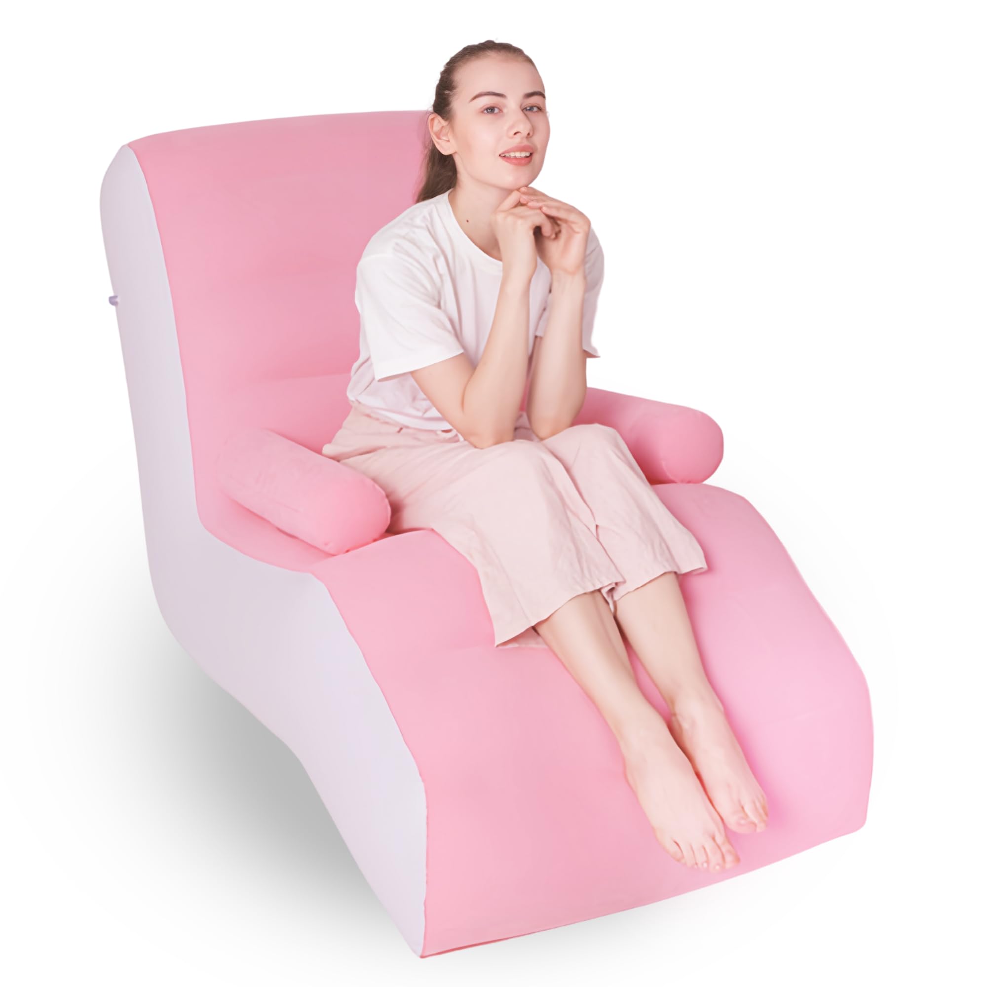 Bewinner Inflatable S-Shape Sofa Bed | Pink, PVC, Flocking Fabric | Single Air Sofa with Armrests for Indoor/Outdoor Use