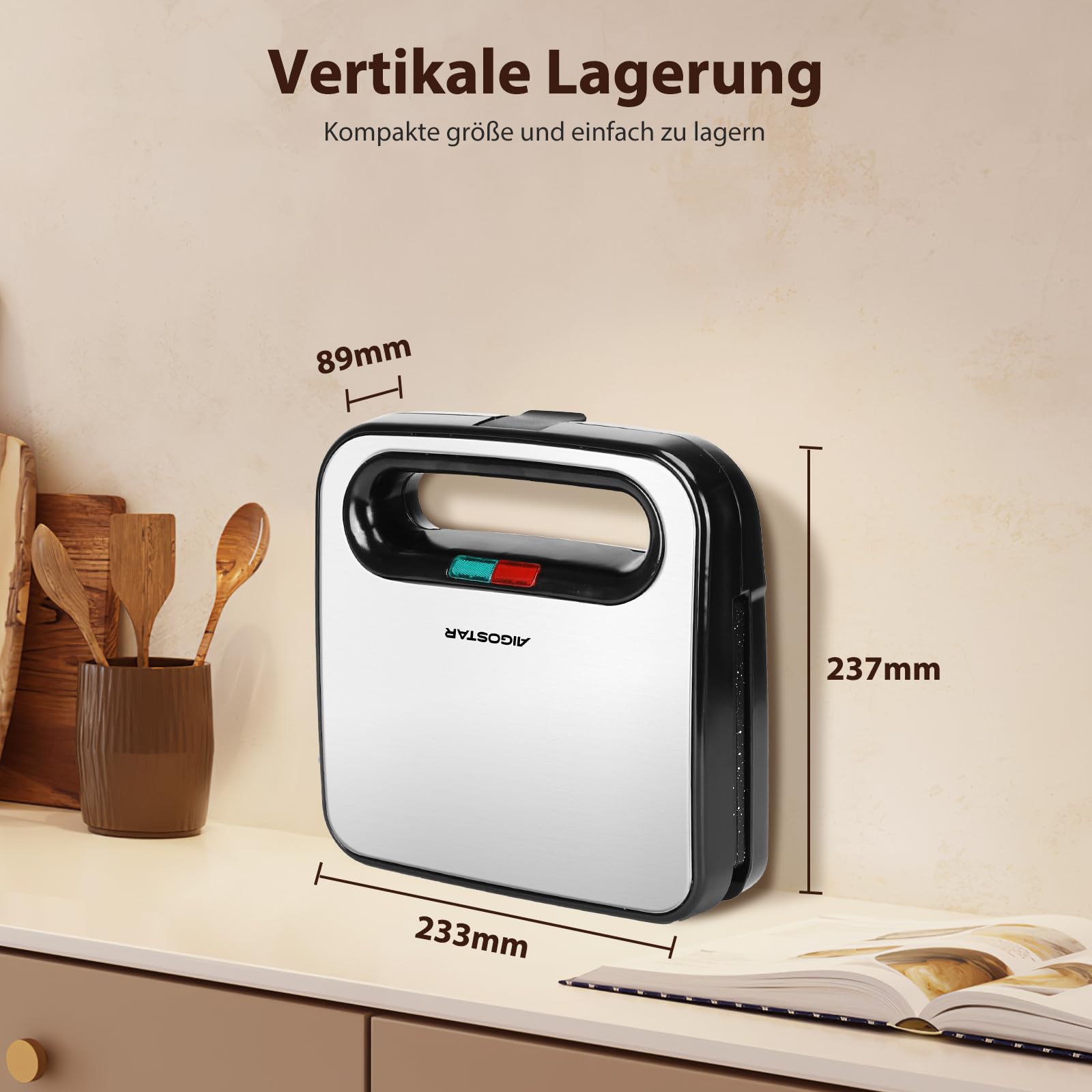 Aigostar Sandwichmaker für 2 Sandwiches, Sandwichtoaster mit Antihaft-Keramikbeschichtung, automatische Temperaturregelung 180-200℃, Kontrollleuchten, Cool-Touch-Griff, 750W, Edelstahl/Schwarz 7
