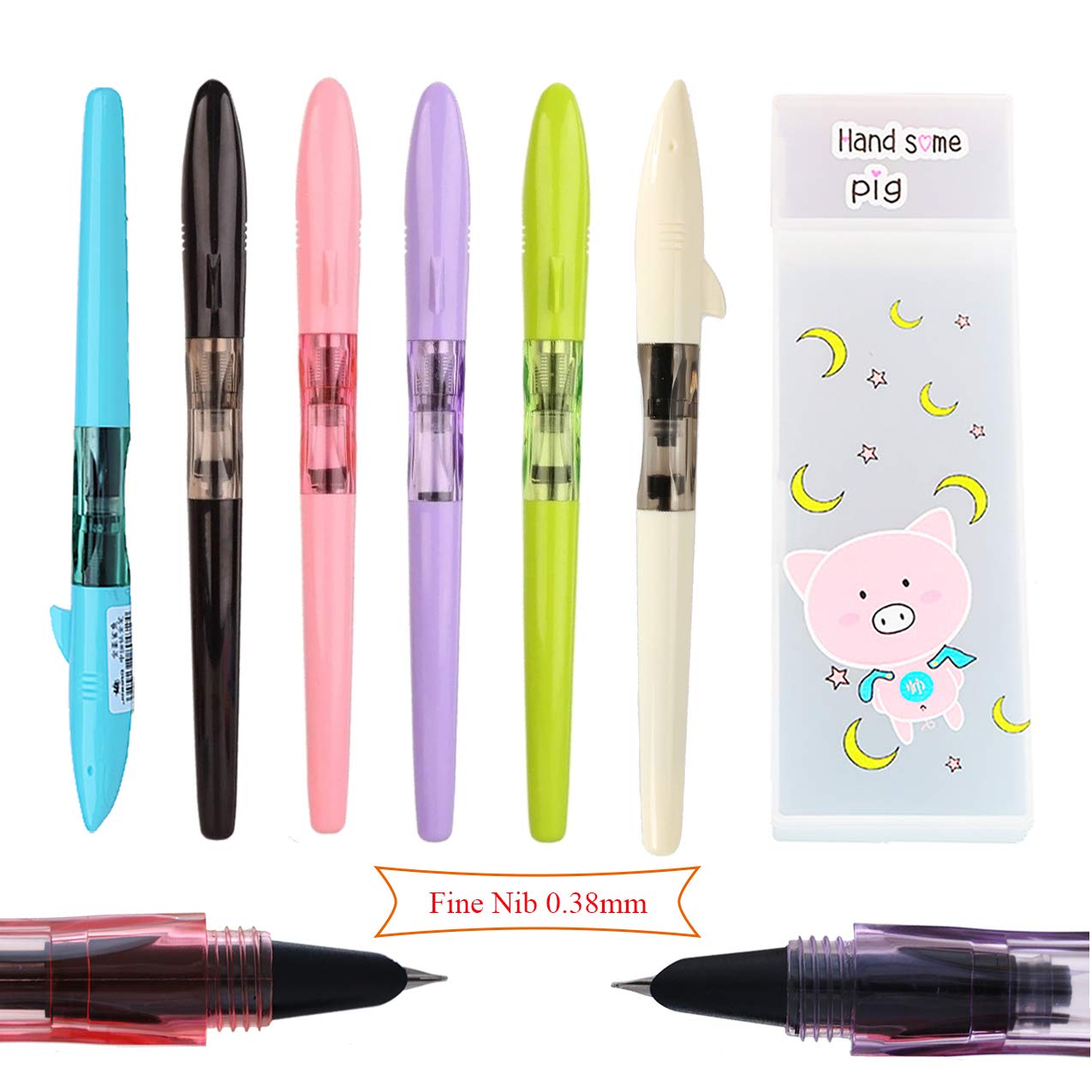 6 PCS JinHao Disposable Fountain Pen Fine Nib Diversity Color Pen Case Set Shark Cap with Refillable Converters