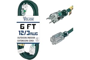 YOJOE Indoor Outdoor Extension Cord with Lighted End, 3 Prong 15A Weatherproof Power Cord, 12 Gauge Heavy Duty 6 ft Green Ext