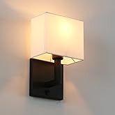 PERMO Single Wall Sconce Black Finish Light Fixture with White Textile Shades and On/Off Switch Button Small Modern Nightstan