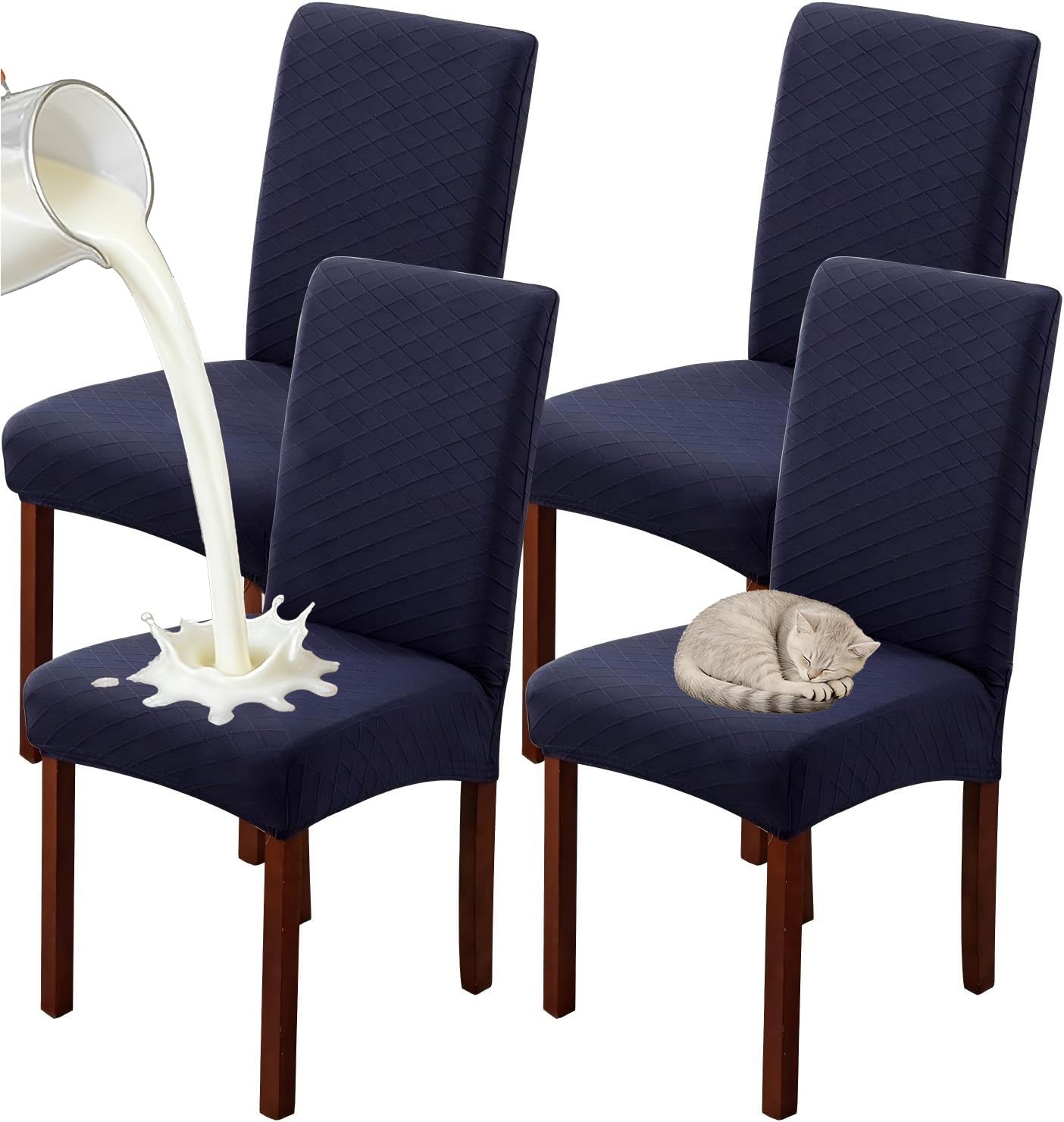 JUNZHE Set of 4/6 Dining Chair Covers, Modern Elastic Stretch Chair Protective Covers, Removable Washable Kitchen Chair Seat Cover (Navy,4 Pieces)