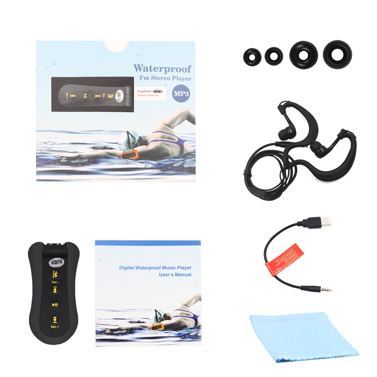 Waterproof MP3 Player, EATPOW 8GB IPX8 Upgraded Waterproof Stereo Earphone Underwater Sport MP3 with FM Radio Music Player for Swimming,Running,Water Sports (Max Depth 10M/32.8ft)