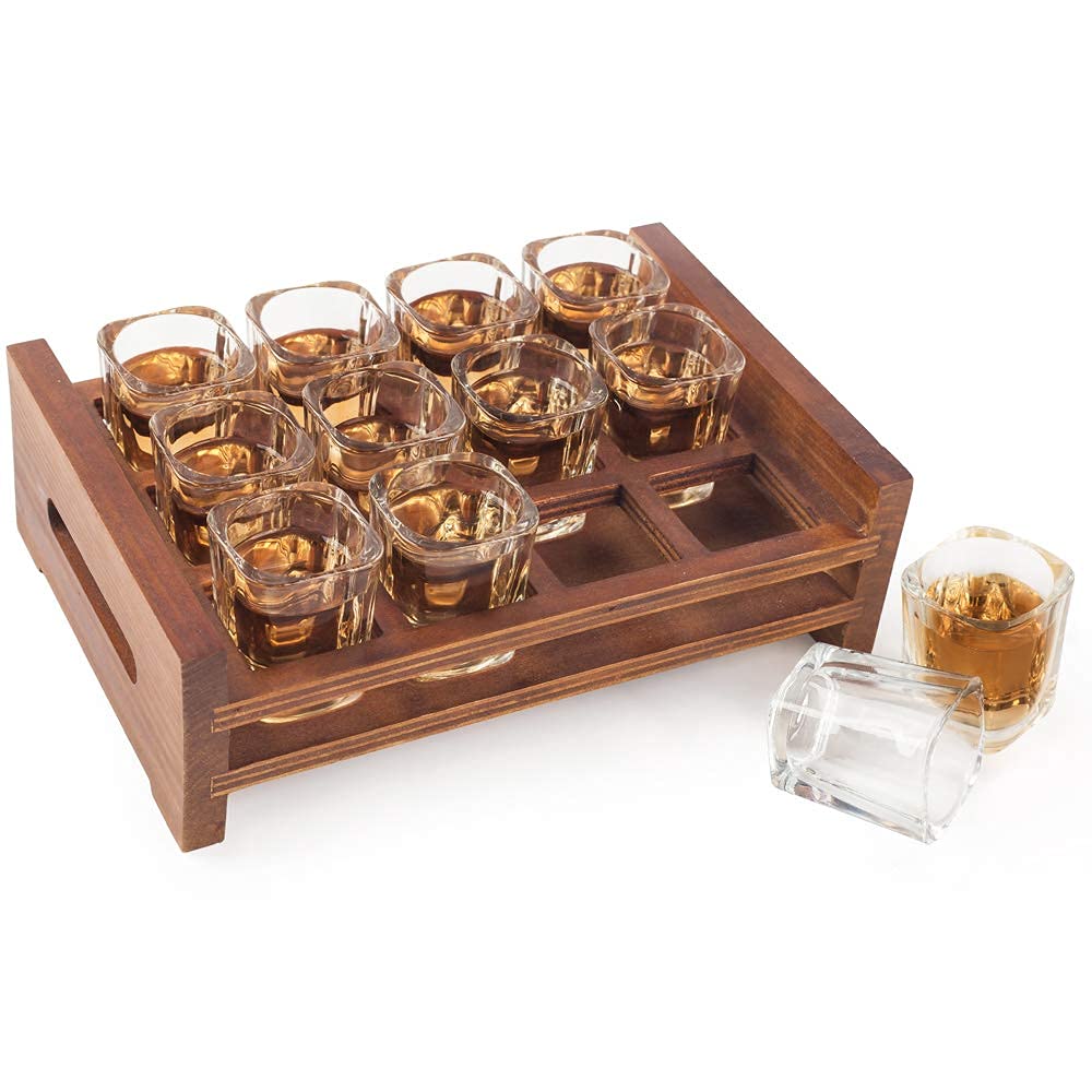 Buy Impal 6 Shot Glass Serving Set in Rustic Burnt Wood Tray Wood Rack