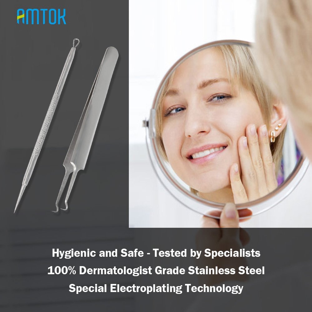 AMTOK Blackhead Remover Kit Curved Blackhead Tweezers Kit Pimple Comedone Extractor Tool Set Dermatologist Grade Kit Treatment for Blemish , Zit Popper (tweezers 2pcs)