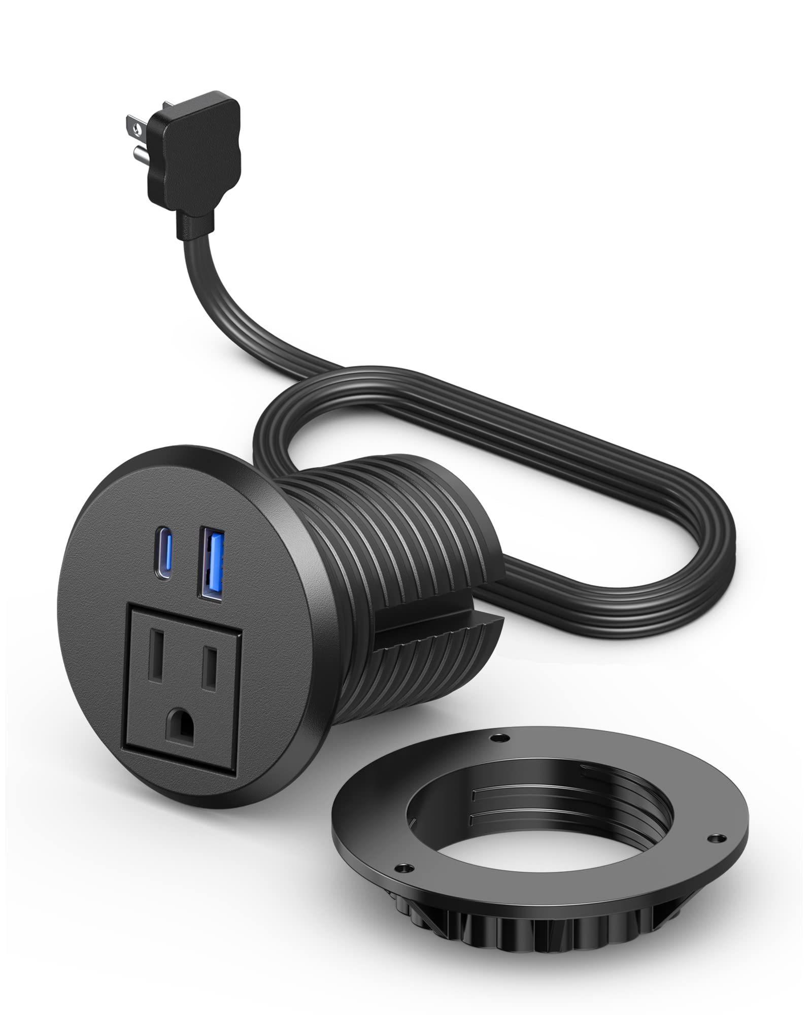 Photo 1 of 2 inch Desktop Power Grommet with PD 20W USB C,Ultra Thin Flat Plug Power Strip,Recessed Outlet,Slim Outlet Extender for Office,Table Outlets for Home, Office,6 ft Cable(Black)