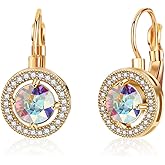 Austrian Crystal Halo Round Drop Leverback Earrings for Women 14K Rose Gold Plated Hypoallergenic Jewelry