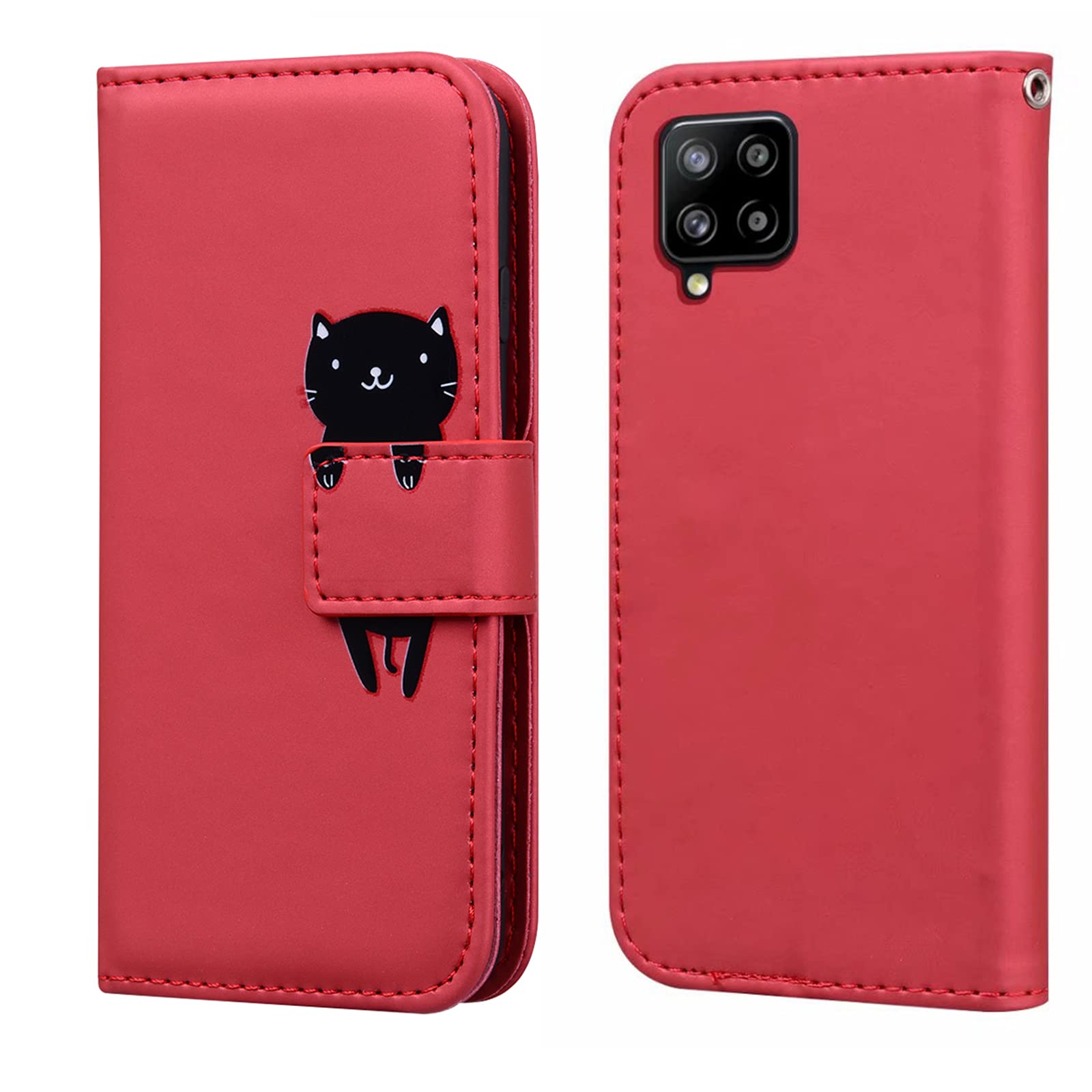 LUKASI for Samsung Galaxy A42 5G Case(6.6"), Cartoon Pattern Folding Stand PU Leather Wallet Flip Cover with TPU Inner Shell, Card Slots, Magnetic Closure (Samsung Galaxy A42 5G-Red+Cat)