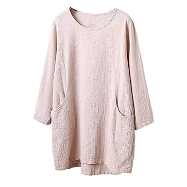 ESAILQ Frauen Baumwolle Leinen 4/5 Ärmel Tunika/Top Bluse