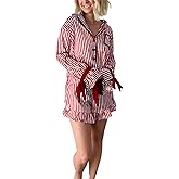 Amuver Women Christmas 2 Piece Pajama Set Striped Button Down Shirt Bow Tie Shorts Holiday Cute Pjs Lounge Sets