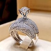 Sdouefos 2PCS Flash Diamond Engagement Rings Simulated Diamond Engagement Rings Set Engagement Ring for Women 18K White Gold Sterling Silver Cubic Zirconia Wedding Band Bridal Set (US 10)