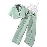 Hilinker Girl's 2 Piece Outfits Short Sleeve Blazer and Belted Sleeveless Jumpsuit Sets