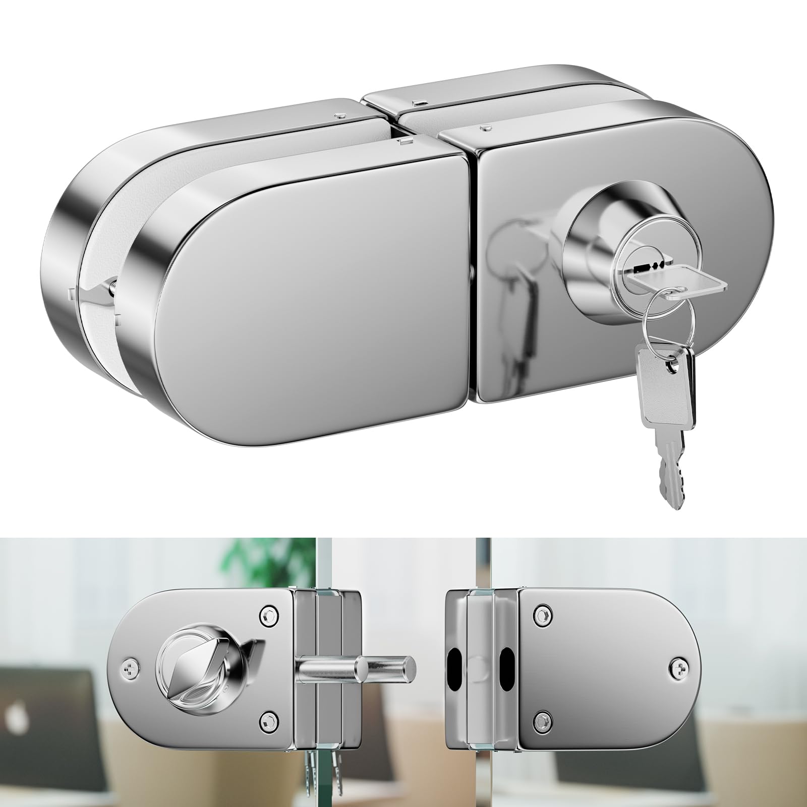 Ranbo Frameless Double-Sided Glass Door Lock,No-Drill,304 Stainless Steel, Suitable for 3/8''-1/2''(10mm-12mm) Sliding Glass Doors,Office Doors,Commercial Doors,Includes 3 Keys,Polished Chrome.