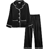 SWOMOG Girls Satin Pajamas Set Silk Button Down Pjs Set 2 Pieces Short Sleeve Kids Strawberry Sleepwear