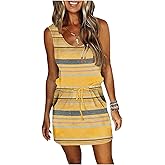 ETCYY NEW Womens Summer Striped Dresses Casual Sleeveless T Shirt Dress Drawstring Waist Sundress with Pockets
