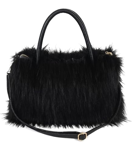 SUANNI Beige Faux Fox Fur Purse for Women, Winter Furry Bag, Top