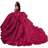 XYAYE Off Shoulder Tulle Quinceanera Dresses with Bow Tiered Tulle Sweet 16 Dress Layered Beaded Vestidos de Quinceañeras