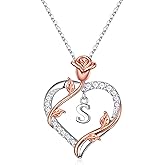 Vjoypro Rose Heart Initial Necklace Gifts for Women Girls, Letter Pendant Necklaces for Women Jewelry Anniversary Birthday Gifts for Her Wife Girlfriend Teen Girls