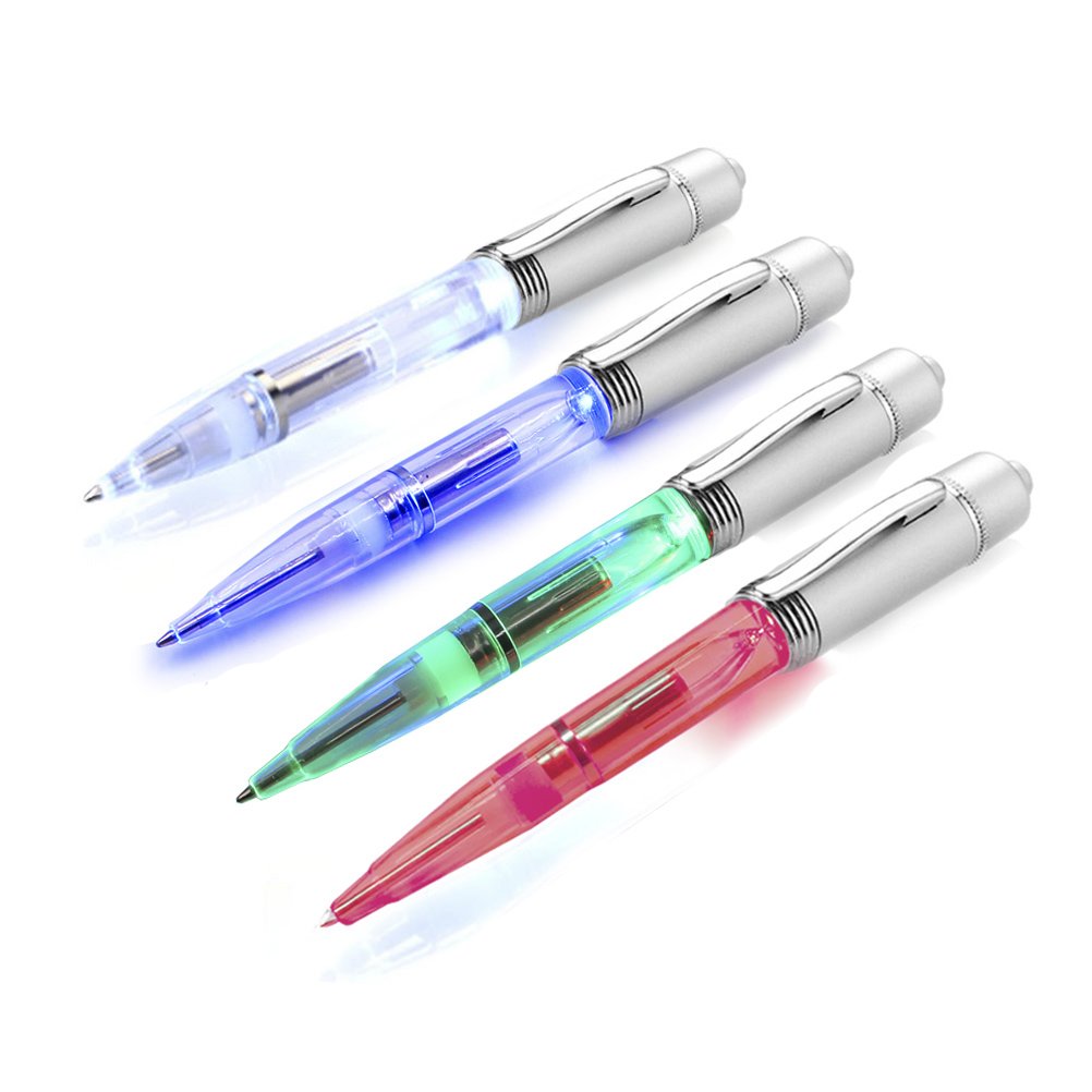 Glovion LED Pen Light, LED light Writing Pens -Powered Black Ink Penlights -(White/Red/Blue/Green Color)-Pack of 4 Pens