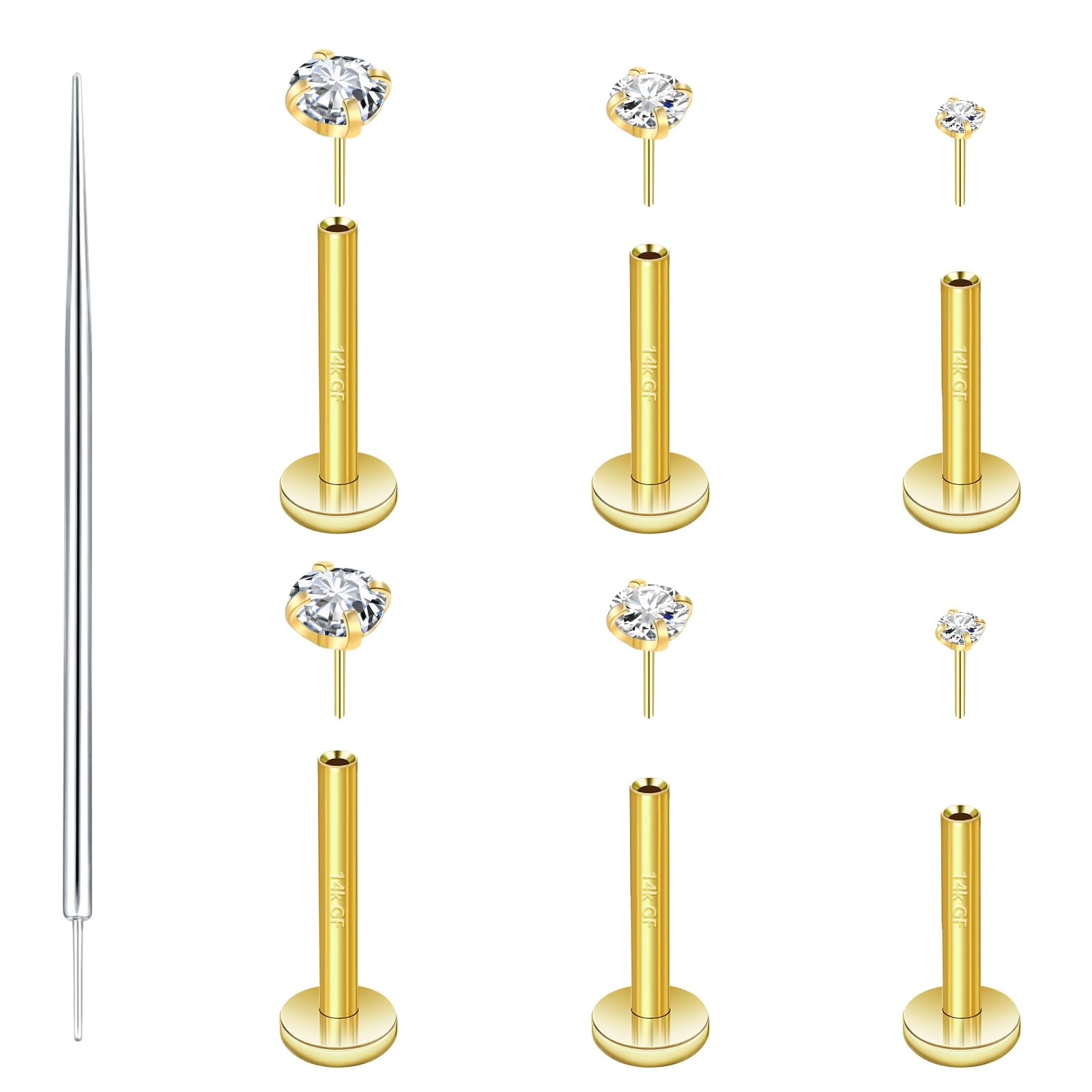 3 Pairs 6 Pcs 14K Gold 16G Threadless Nose
