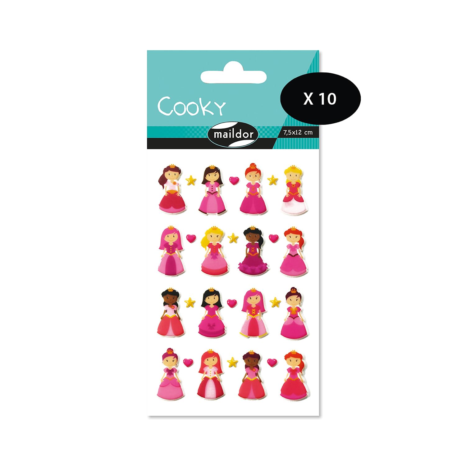 Maildor CY002Opack - Cooky 3D Stickers - LOT of 10 Sheets 12x8 cm - 280 Stickers - Princesses Theme - Children's Arts and Crafts Accessories - Creative Leisure