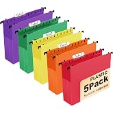 Navona 5 Pack Heavy Duty Plastic Hanging File Folders, Letter Size | Water-Resistant &amp; Durable, 2" Expandable Pockets, Adjustable Hanging Hooks, 5 Assorted Colors, Ideal for Home &amp; Office