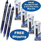 Pilot Precise V7 Rt Retractable, Blue Ink, 0.7mm Fine Point, 3 Pens with 4 Packs of Refills