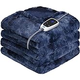 Sealy Electric Blanket Heated Throw, Faux Fur Heating Blanket with 6 Heat Settings & 2-10 Hours Auto Shut Off, Fast Heating & ETL Certification, 50x60 Inch, Navy Blue