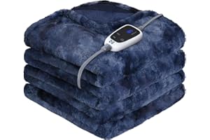 Sealy Electric Blanket Heated Throw, Faux Fur Heating Blanket with 6 Heat Settings & 2-10 Hours Auto Shut Off, Fast Heating & ETL Certification, 50x60 Inch, Navy Blue