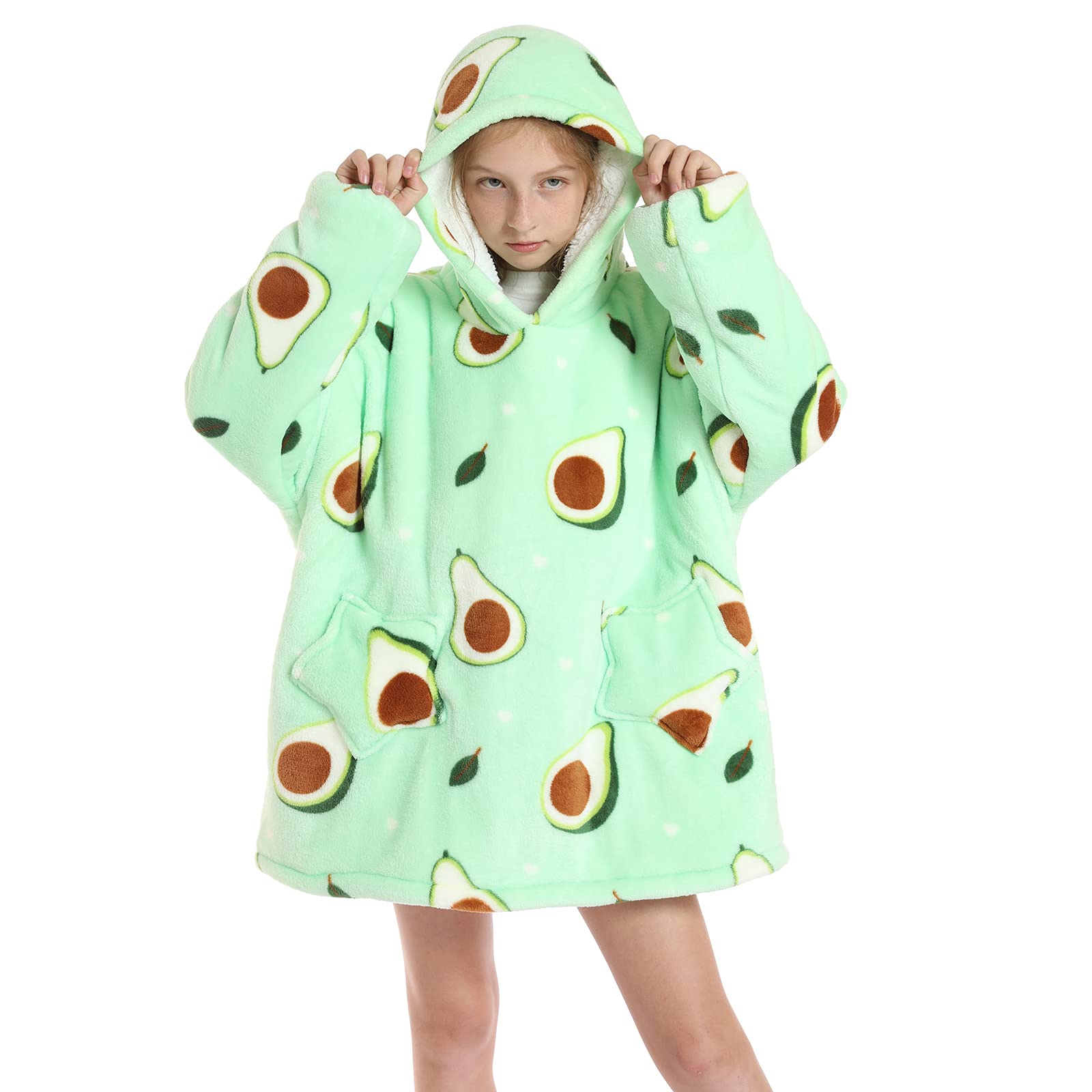 JOREAY Kids Oversized Blanket Hoodie, Sherpa Wearable Blanket Fluffy Giant Comfortable Hooded Sweatshirt for Children Teen Avocado