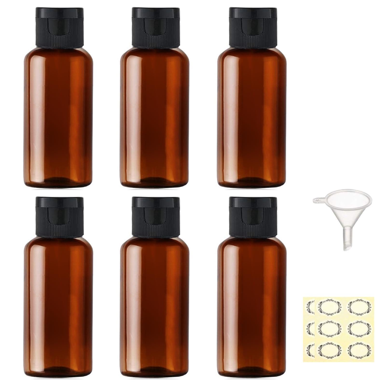 JamHooDirect 6PCS 50ml Plastic Travel Bottles with Flip Cap Empty Squeeze Bottles Refillable Travel Container with Funnel & Labels TSA Approved for Liquids Lotion Toiletries Cosmetic（Brown）