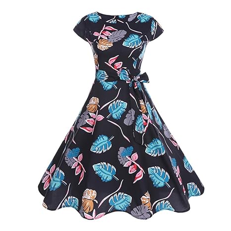JMETRIC 80er Jahre Elegantes Vintage-Kleid Hepburn-Stil Kleid mit Hoher Taille und Faltenrock Kleid mit Blattdruck