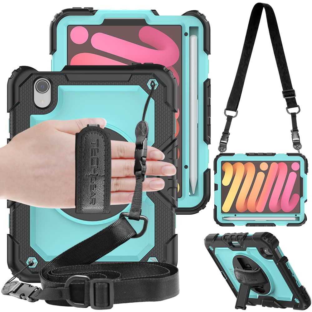TECHGEAR UTILITY Case for iPad Mini 7/6, Mini 7th / 6th Generation 8.3" 2024/2021, Tough Rugged HEAVY DUTY Armour Shockproof Case with 360 Rotating Stand, Hand and Shoulder Strap - Aqua