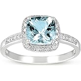KOKAV 14K White Gold Genuine Aquamarine Cushion 1-3/8 Ct, Diamonds Ring