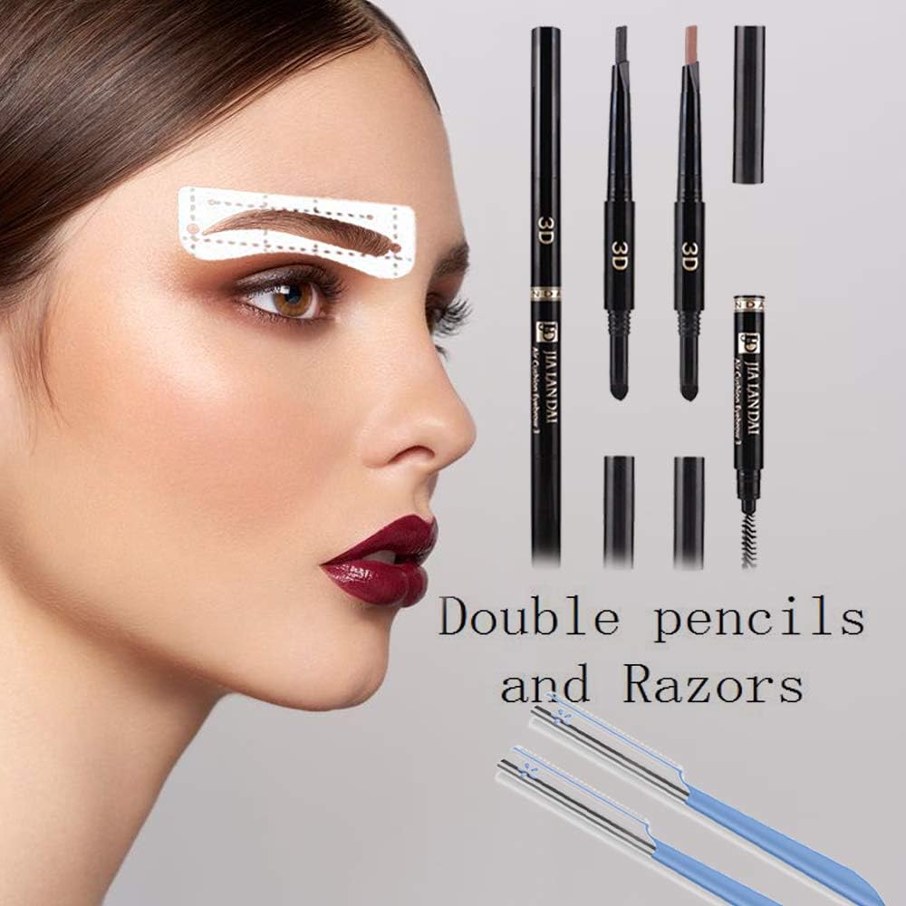 Eyebrow Stencils Set With Eyebrow Pencils&32 Pairs Autumn Wave Style Stencils – 3-In-1 Pencil 3D Auto Eyebrow Pencil & Brush&Powder - 1 Pair Of Razors For Grooming&Styling