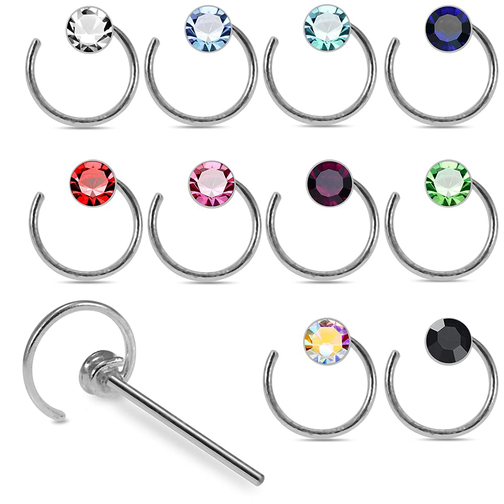 AZARIO LONDON 20 Pieces Box Set of 22 Gauge 925 Sterling Silver Spiral Straight End Nose Pin Nose Stud Piercing