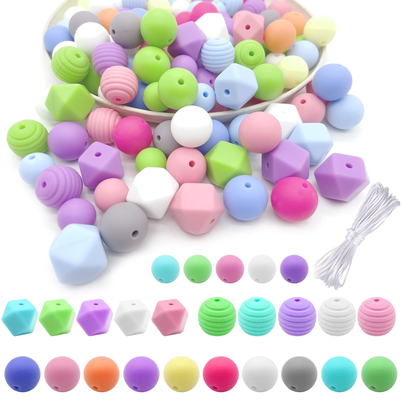60 Pack Silicone Beads Bulk for Keychain Making, CKANDAY 4 Types Colorful Round Rubber Craft Beads Set for Garland Bracelet Jewelry Crafts Necklace DIY Handicrafts Garlands Lanyards Making, Rainbow