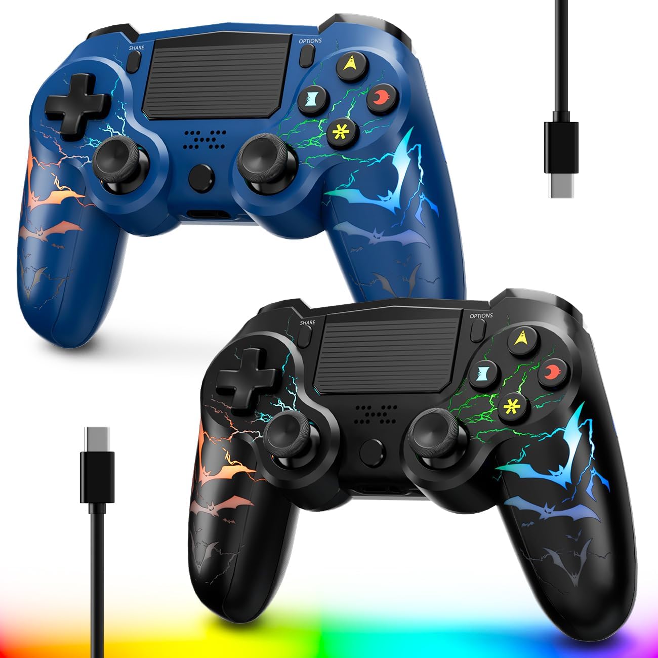 Photo 1 of Wireless Controller for PS4, 2 Pack LED Controller for PS4 with 5 Lights Mode/USB C Charge Cable/Touchpad Turbo/Dual Motors/6-Axis Gyro/3.5mm Audio Jack, Bats-Shape Light Design Control for PS4/PS3
