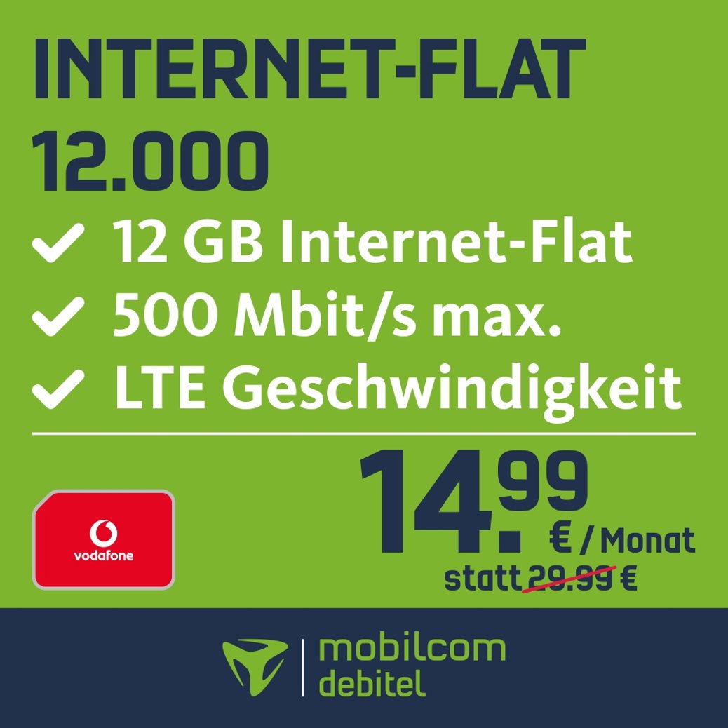 Mobilcom-debitel Internet-Flat 12.000 on Vodafone network (14,99 EUR monthly, 24 months duration, 12 GB internet flat, LTE with max. 500 Mbps, EU roaming flat, triple sim cards)