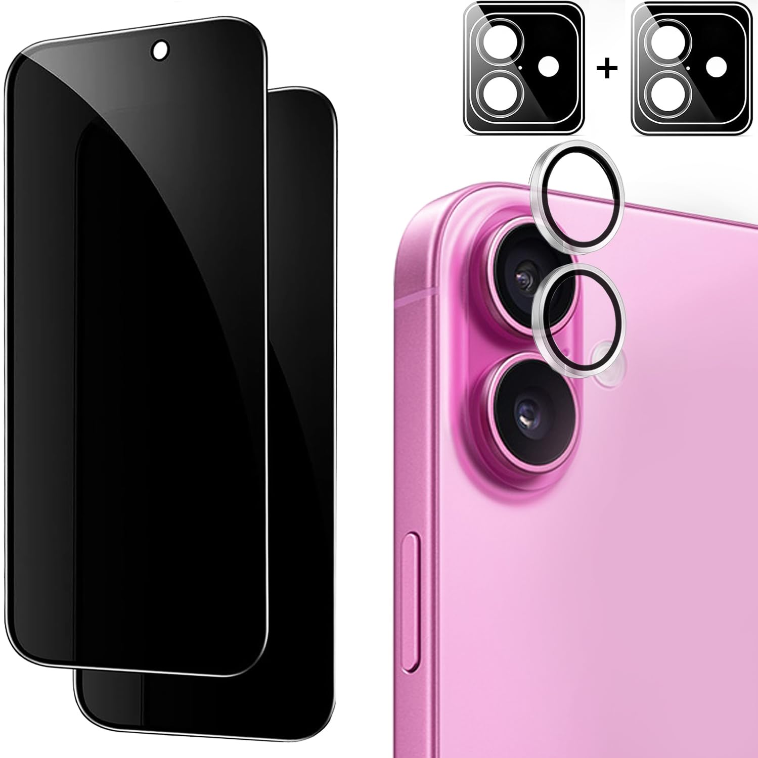 SSUIS Camera Protection for iPhone 16 6.1 Inch with Privacy Screen Protector for iPhone Anti-Spy Tempered Glass Screen Protector [Single Lens Protectors] 9H Hardness Scratch-Resistant Case Friendly, Pack of