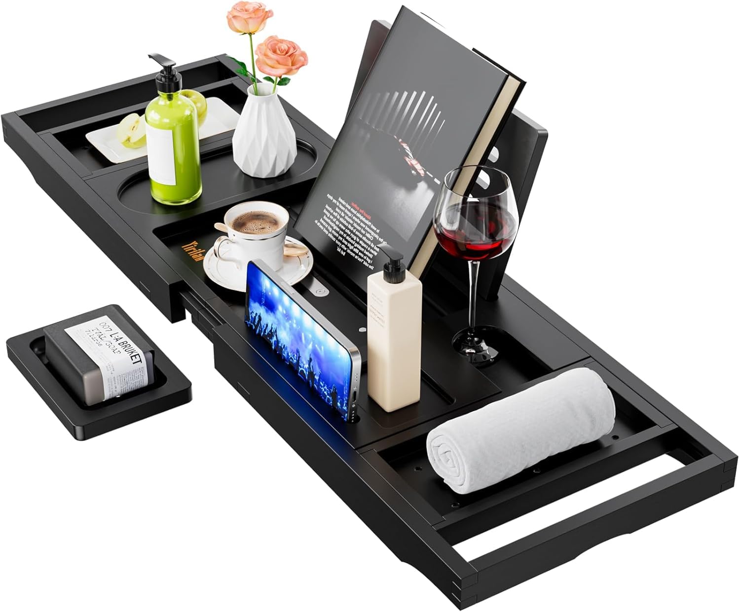 Yirilan Bamboo Bath Tray, Black Expandable Bath Tray, Foldable Premium Bath Caddy for New Home, Anniversary and Wedding Gifts for Couple, Bridal Shower Gift for Women - Fits Most Bath Sizes