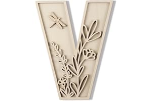 LONGAN CRAFT Layered 12 Inch Large Wooden Letters for Wall Decor, Flowered Paintable Wooden Nursery Letters for Crafts Wood Alphabet Letter V for Birthday Boho Nursery Name Sign Wedding Home Decoration