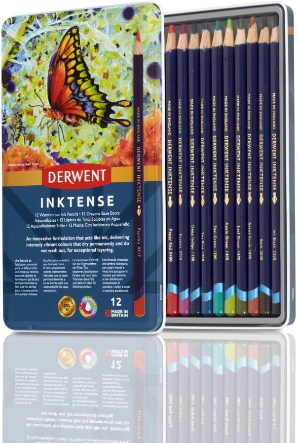Derwent Inktense Permanent Watercolour Pencils 12 Set in Tin 4mm Core